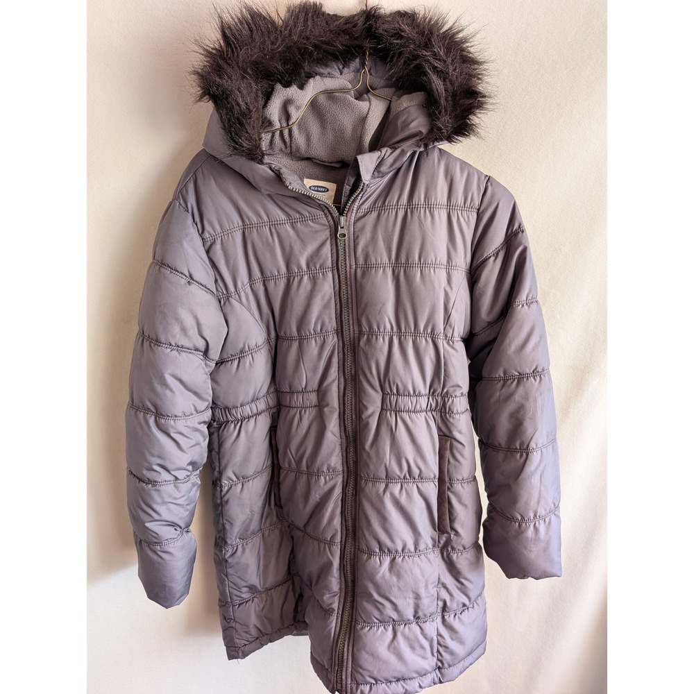 Old Navy Frost Free Gray Puffer Jacket Faux Fur Hood Fleece Lined Parka Coat